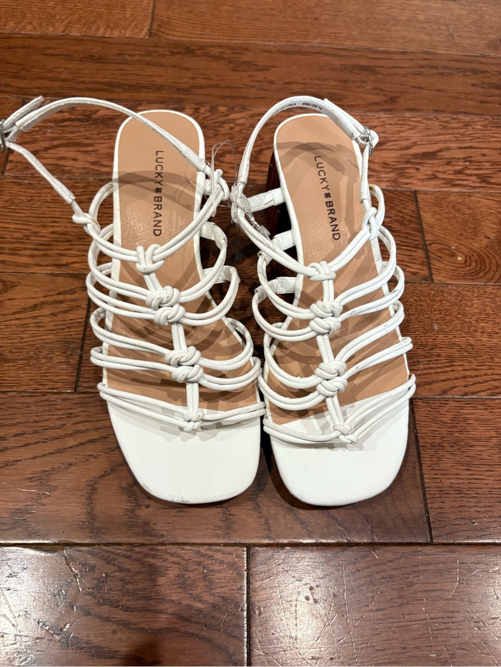 Lucky Brand White Knotted Strappy Block Heel Sandals